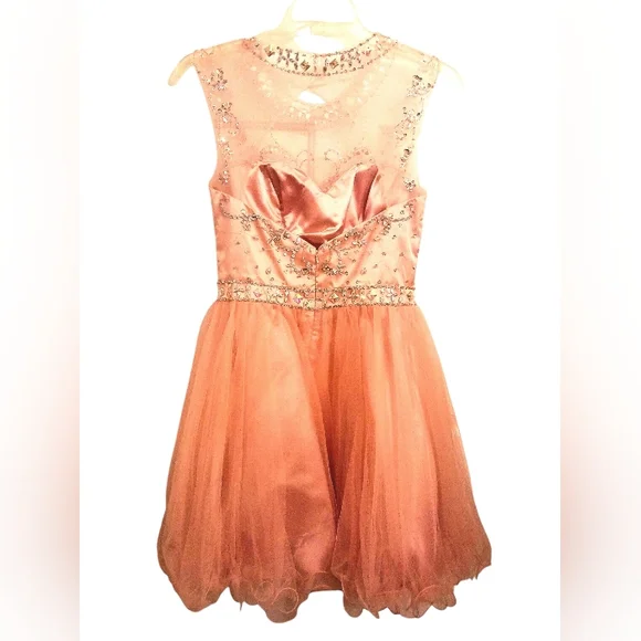 Peach Rhinestone Beaded Ruffled Cocktail Dress/ Prom/Formal Size 10 by May Queen - Picture 5 of 6